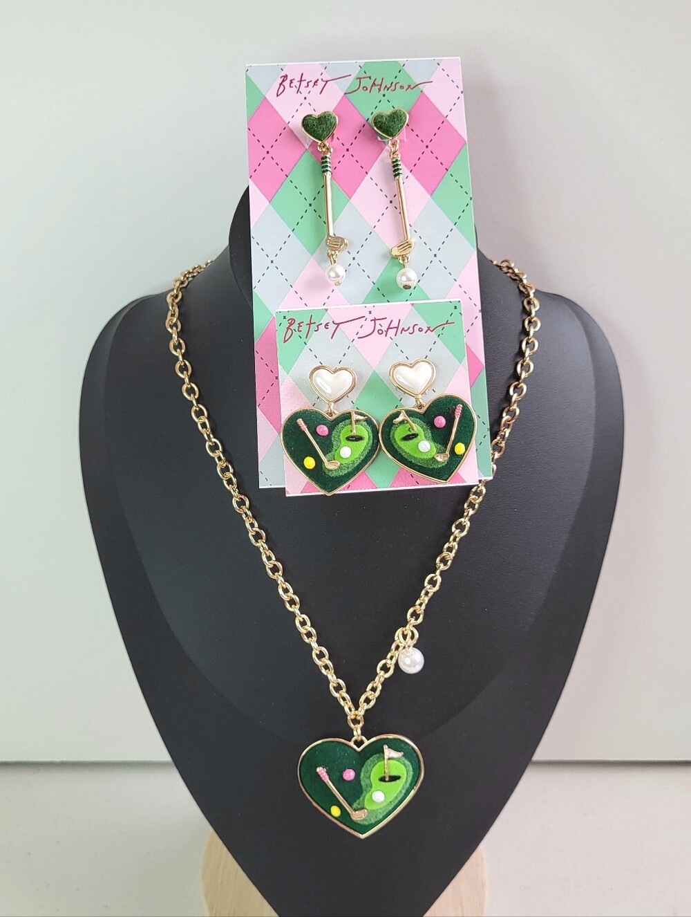 Betsey Johnson Golf Themed Necklace And Two Pair Earrings Set. Heart. Golf Club.